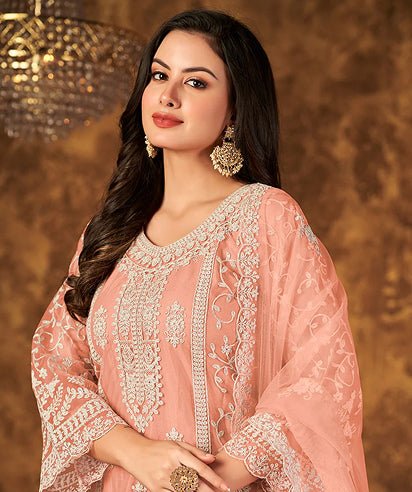 Peach Color Net Ethnic Palazo Salwar Suit For Women...